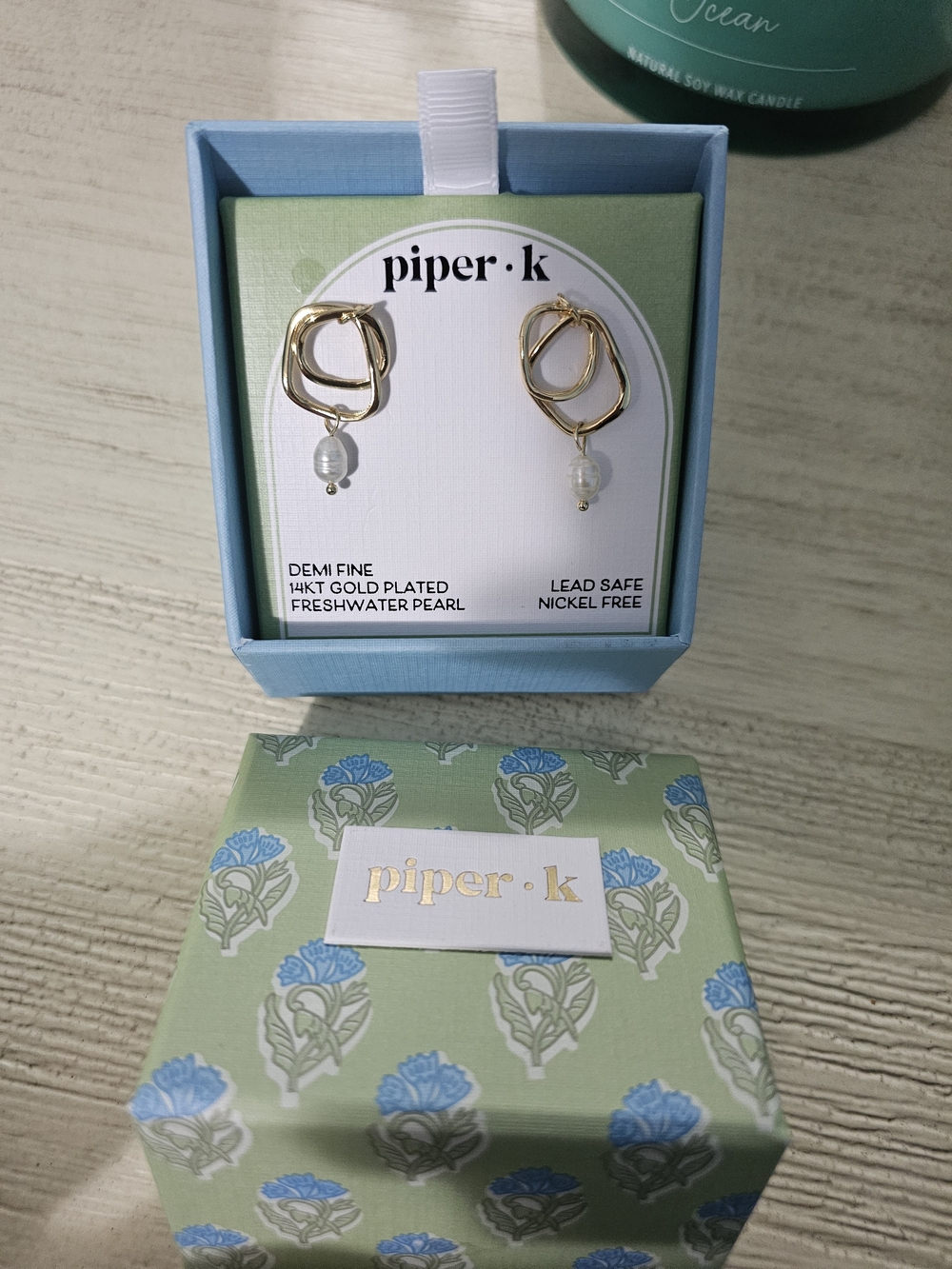 piper·k Gold-Plated Double Loop Earrings with White Freshwater Pearls